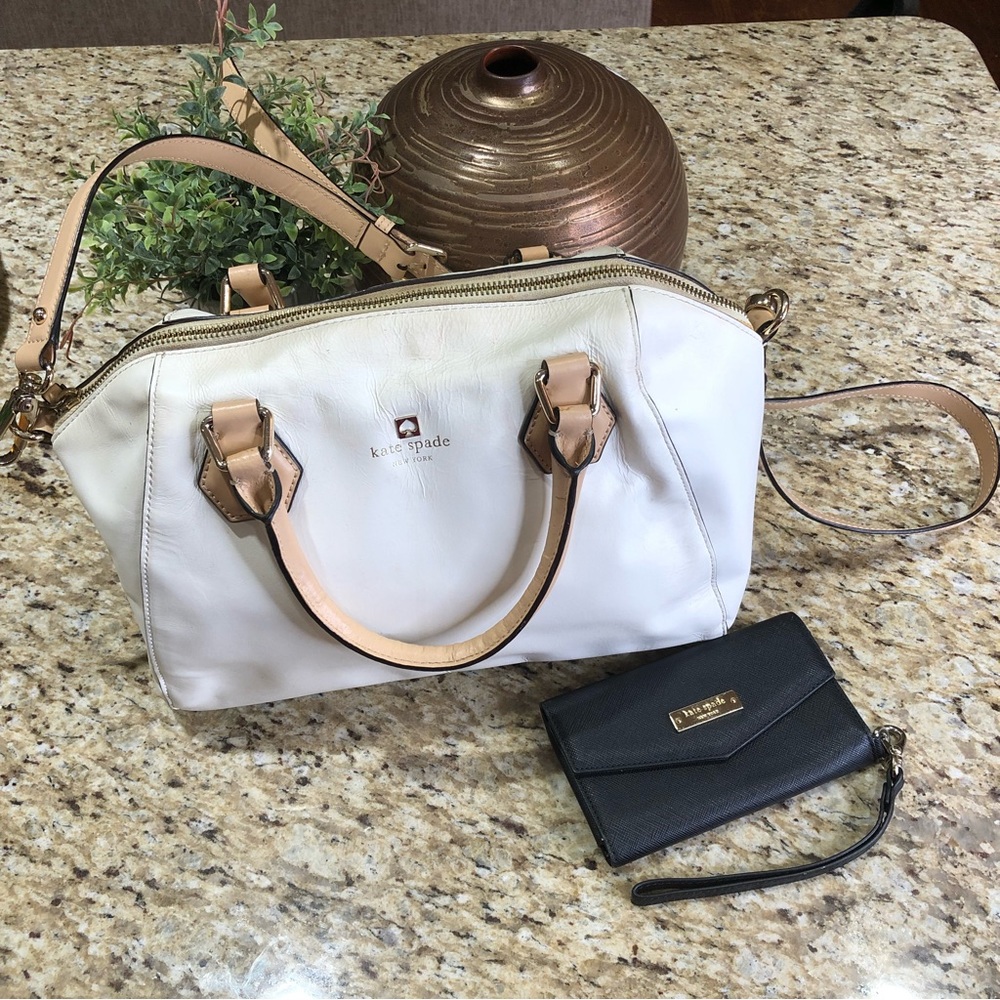 Kate Spade Off White Tan Pippa Parnell Street Leather Satchel Beige w/ Wallet